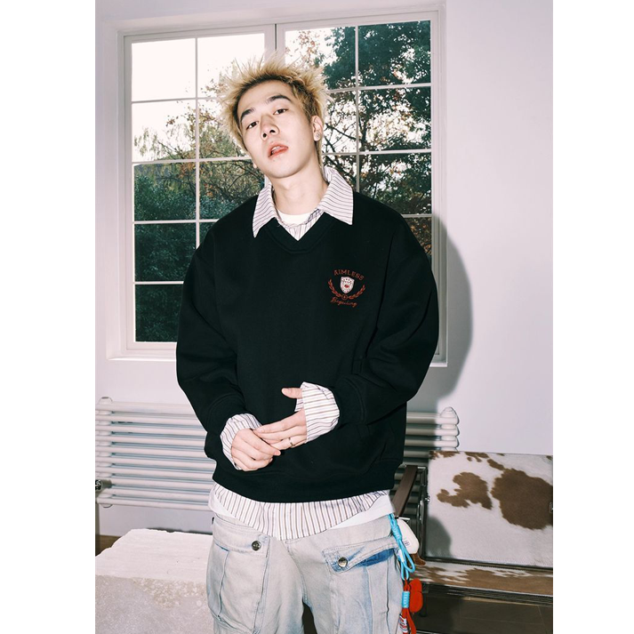 Unisex retro-style faux two-piece plaid patchwork collared sweatshirt