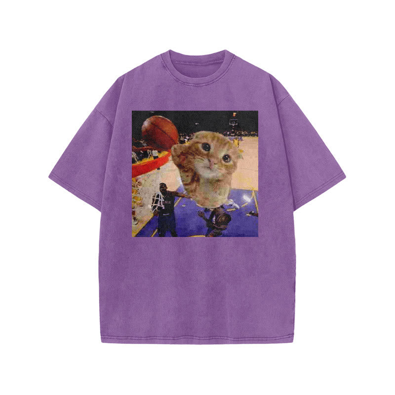 Orange Cats Playing Basketball Print Acid Washed T-shirt