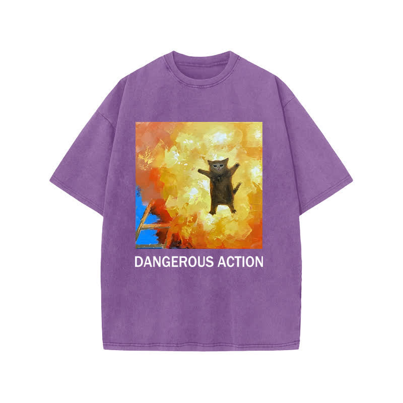 Unisex Dangerous Action Cat Art Print Acid Washed T-shirt