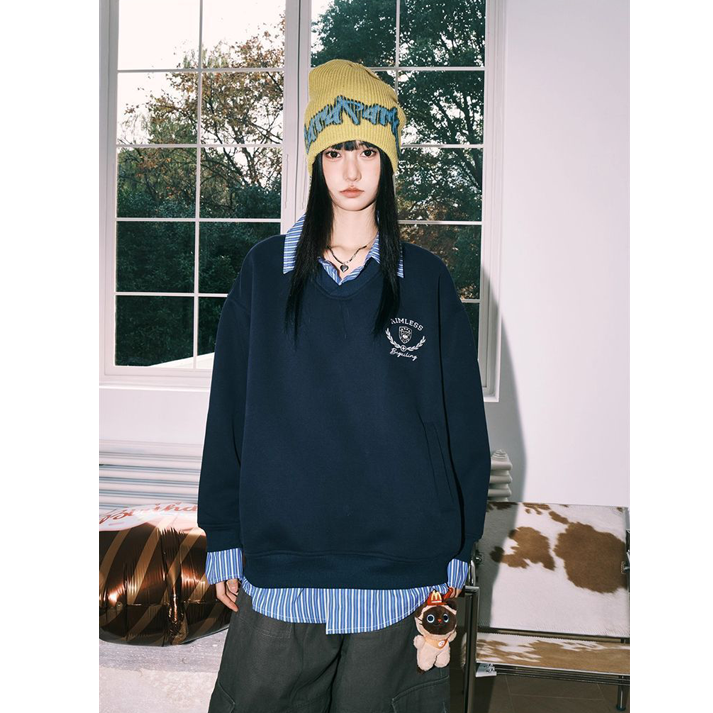 Unisex retro-style faux two-piece plaid patchwork collared sweatshirt