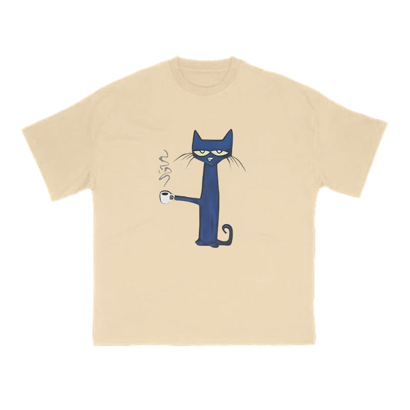 Unisex Cat Drinking Coffee Print T-shirt