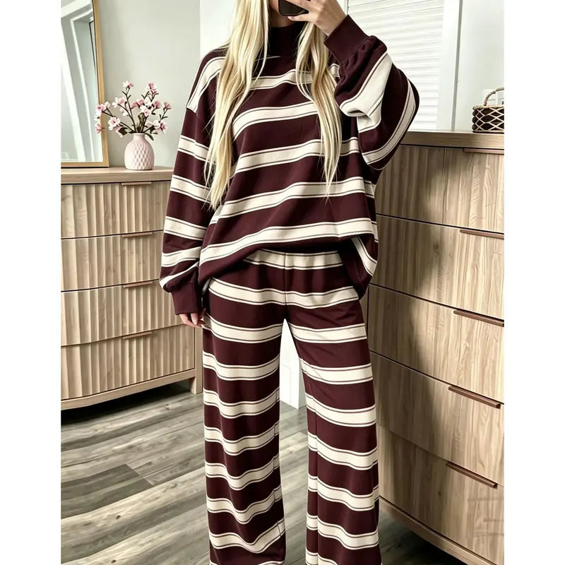 ⏳ Last day to save 50%✨🔥 Striped Oversized Sweatshirt & Wide Leg Pants Lounge Set ✨
