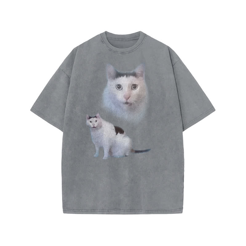 Unisex Confused Cat Print Acid Washed T-shirt