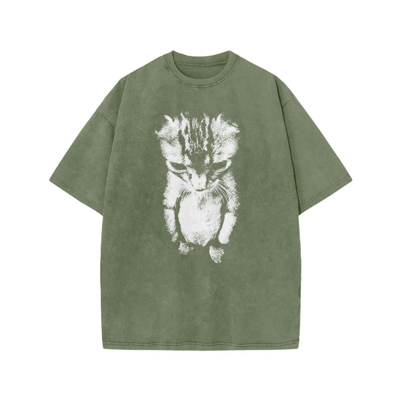 Funny Cat Meme Print Acid Washed T-shirt