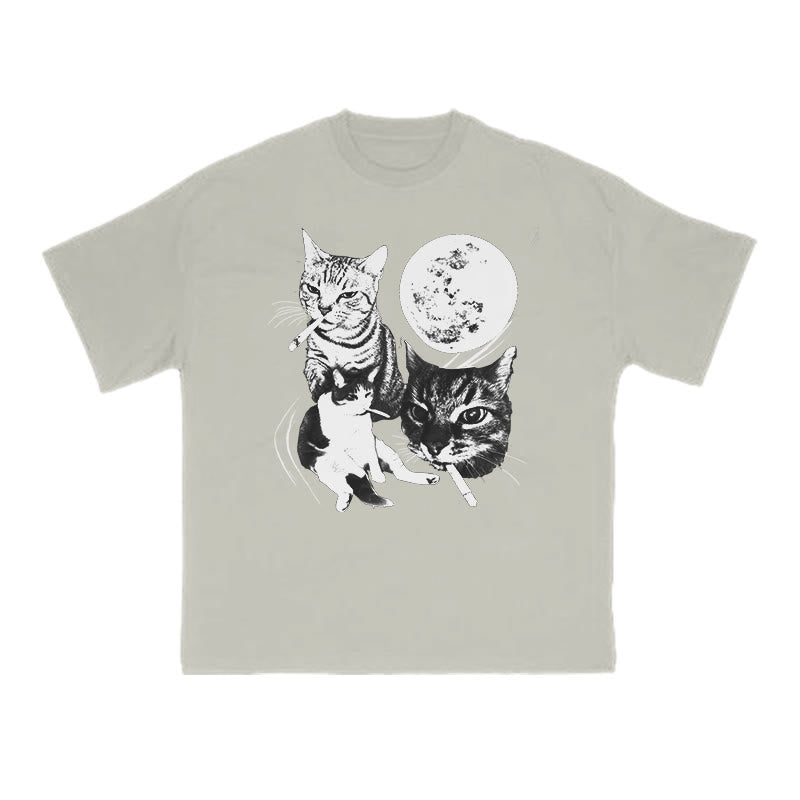 Unisex Three Cats Smoking Under The Moon Print T-shirt