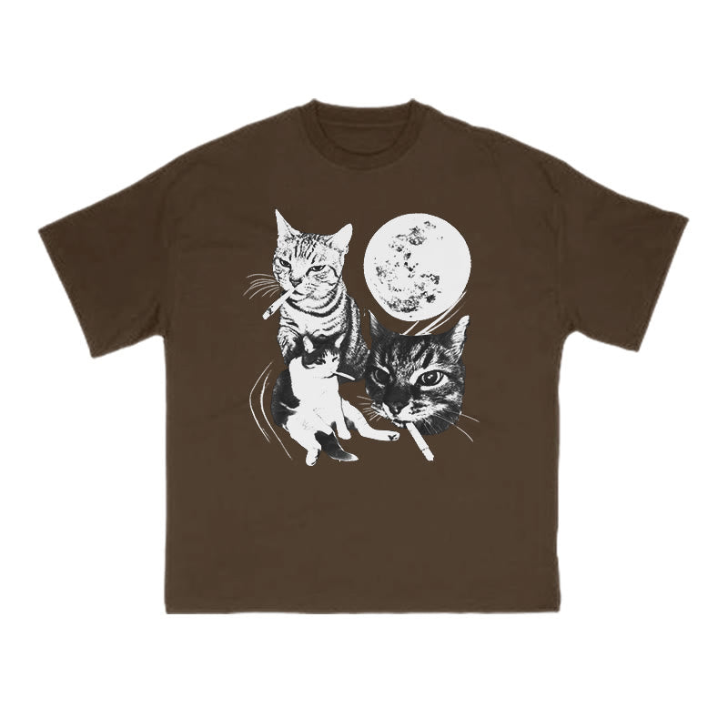 Unisex Three Cats Smoking Under The Moon Print T-shirt