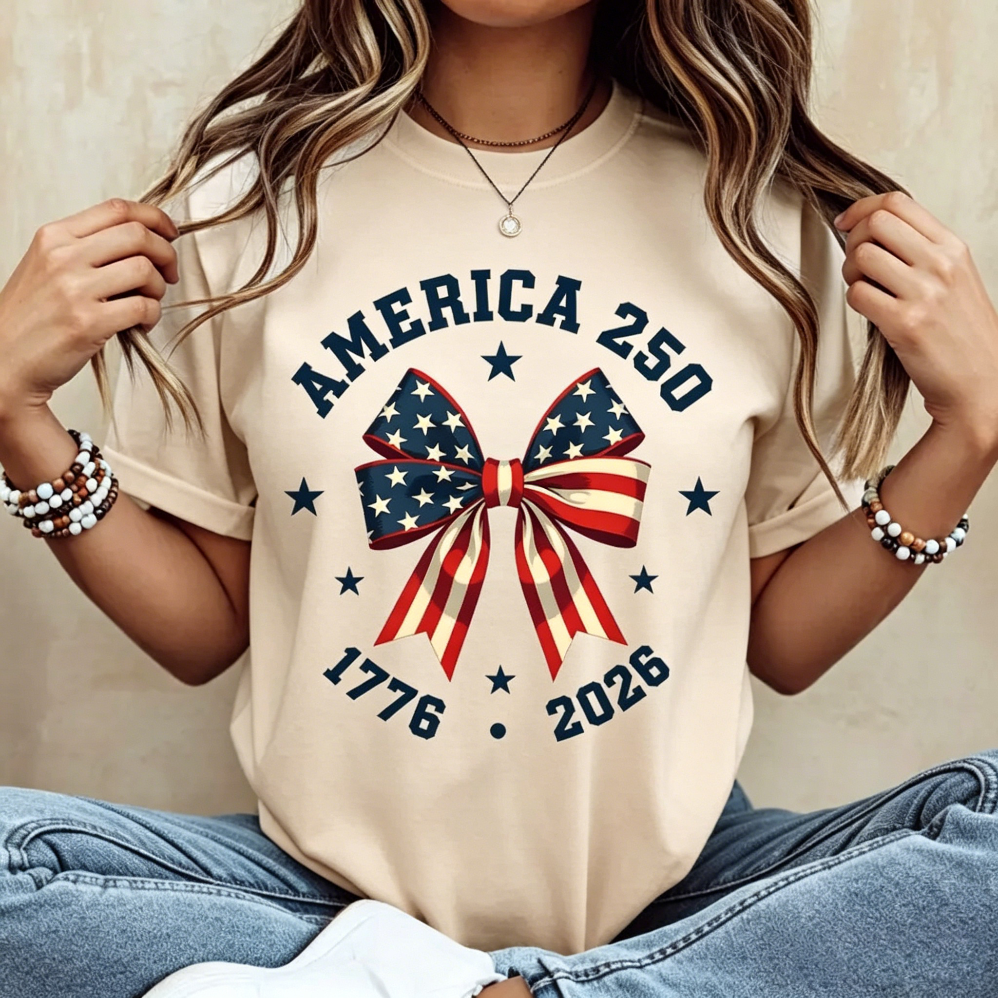 America 250 Stars And Stripes Bow Print T-Shirt