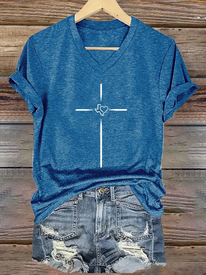 Women's Texas Faith Cross Printed Casual T-Shirt