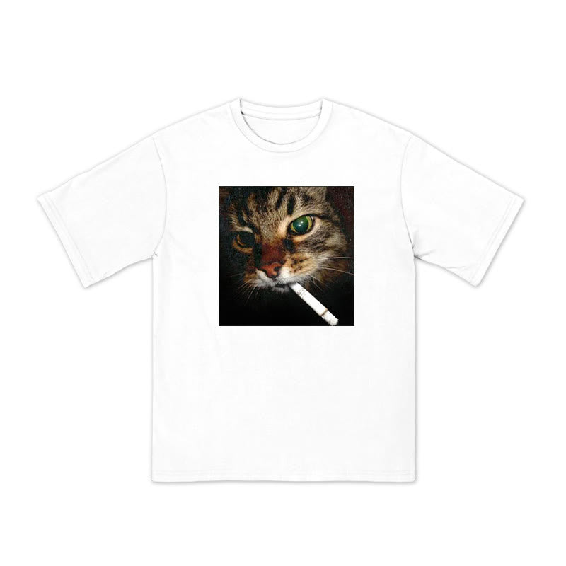 Unisex Cat With Cigarette In Mouth Print T-shirt
