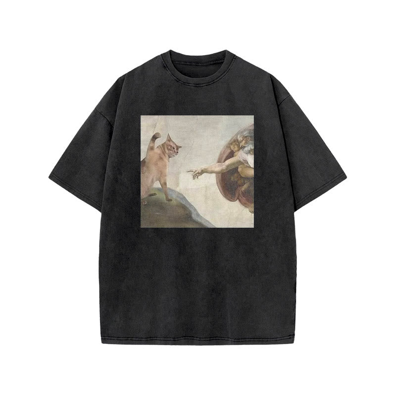 Unisex Oil Painting Cat Print Acid Washed T-shirt