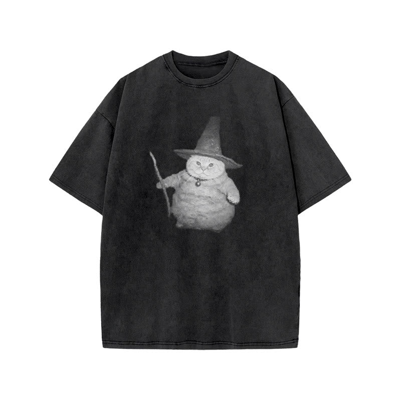Unisex Wizard Cat Print Acid Washed T-shirt