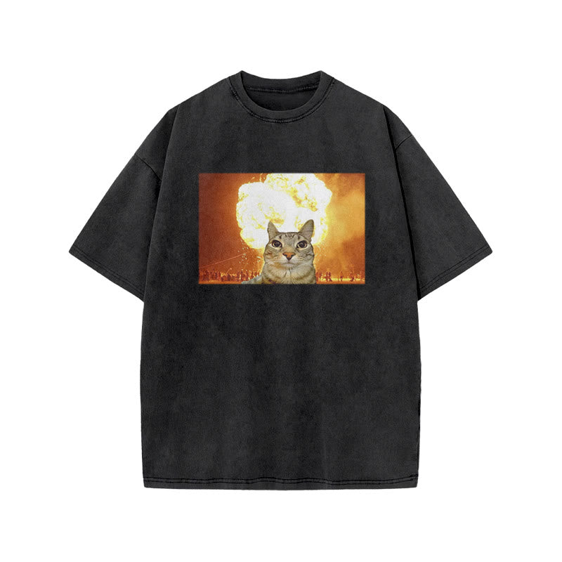 Unisex Funny Cat Print Acid Washed T-shirt