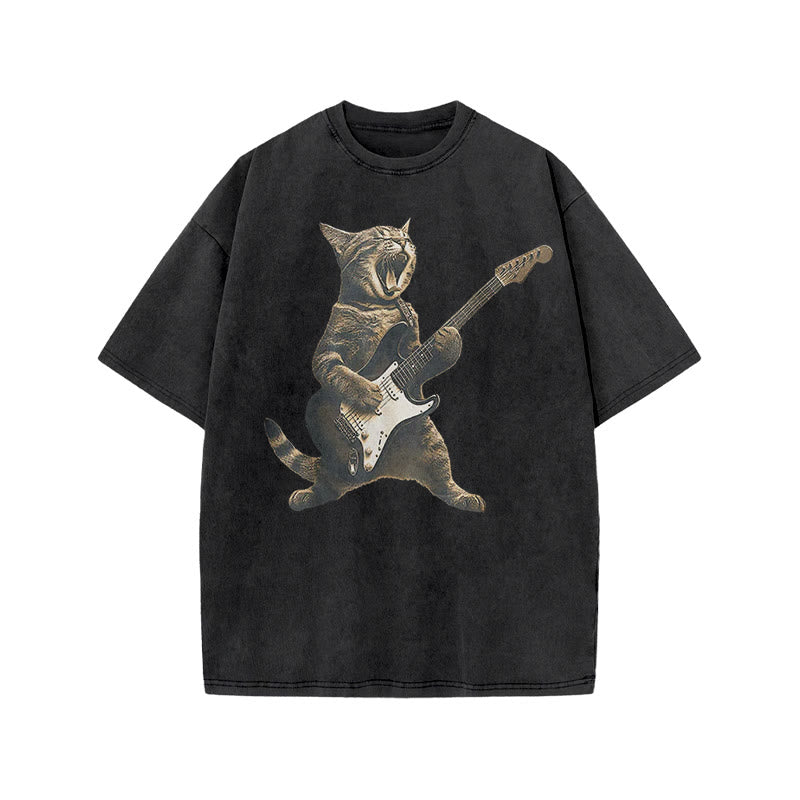 Unisex Rock Cat Playing Guitar Print Acid Washed T-shirt