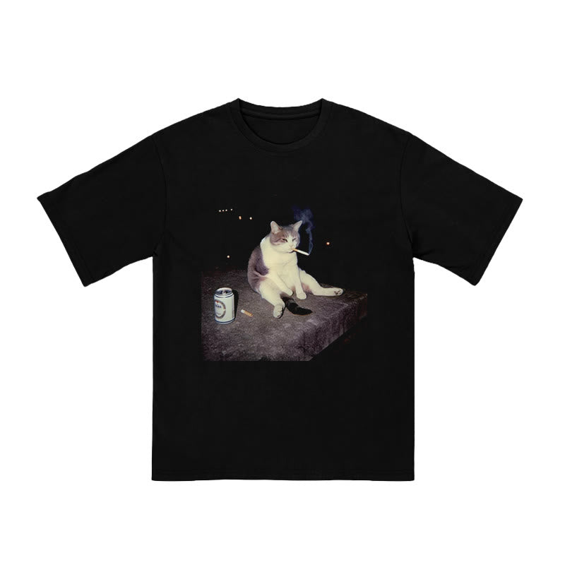 Unisex Smoking Decadent Cat Print T-shirt