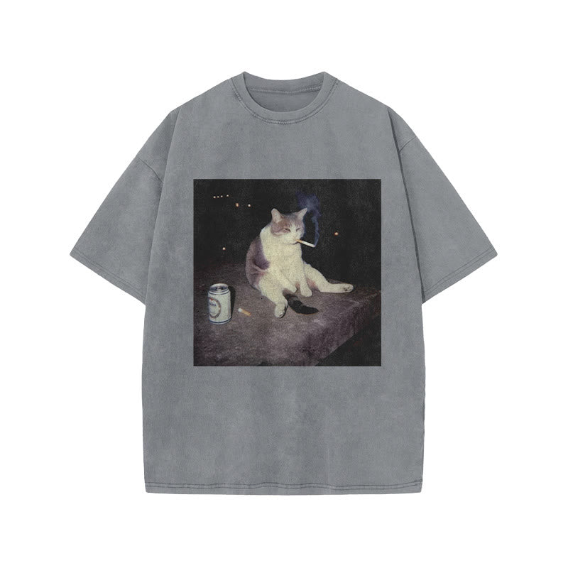 Unisex Smoking Decadent Cat Print Acid Washed T-shirt