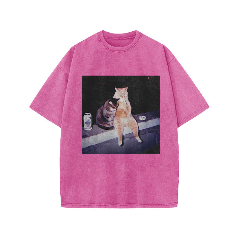 Unisex Funny Decadent Cats Print Acid Washed T-shirt