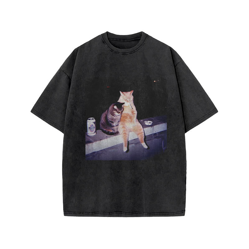 Unisex Funny Decadent Cats Print Acid Washed T-shirt