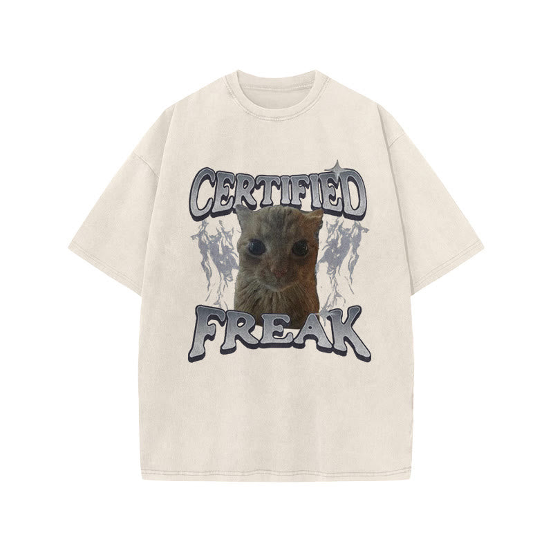 Unisex Certified Freak Funny Cat Print Acid Washed T-shirt