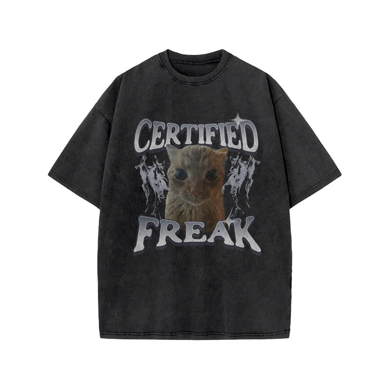 Unisex Certified Freak Funny Cat Print Acid Washed T-shirt