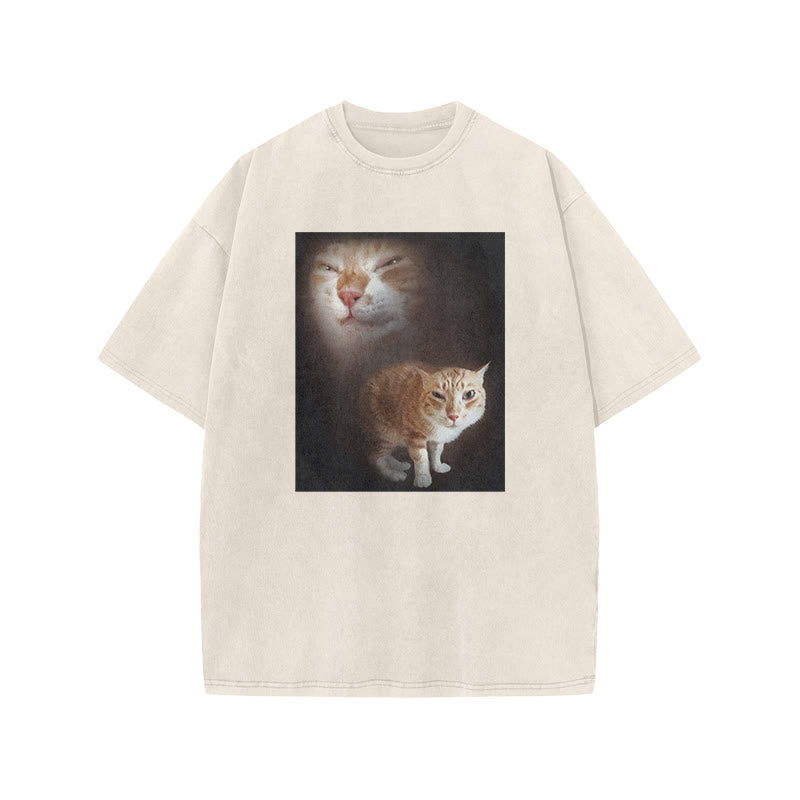 Unisex Cat Making Funny Faces Print Acid Washed T-shirt