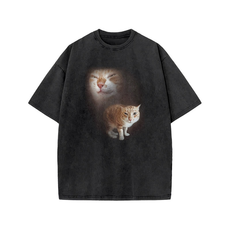 Unisex Cat Making Funny Faces Print Acid Washed T-shirt