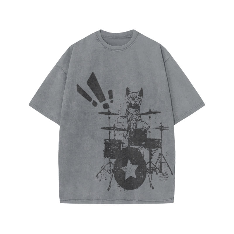 Unisex Cat Playing Drums Print Acid Washed T-shirt