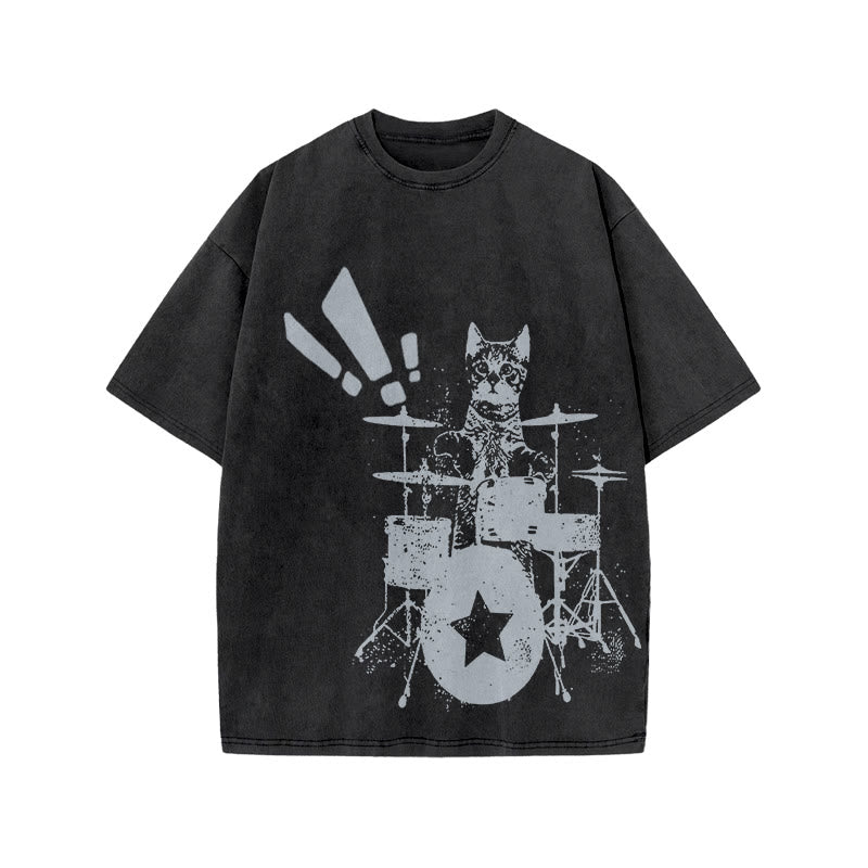 Unisex Cat Playing Drums Print Acid Washed T-shirt