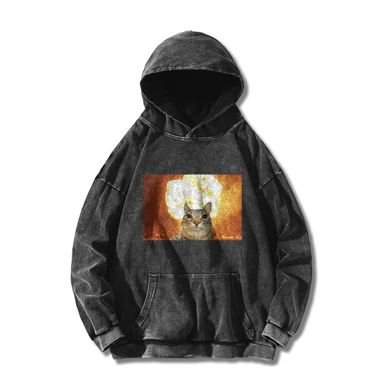 Unisex Funny Cat Printed Washed Hoodie
