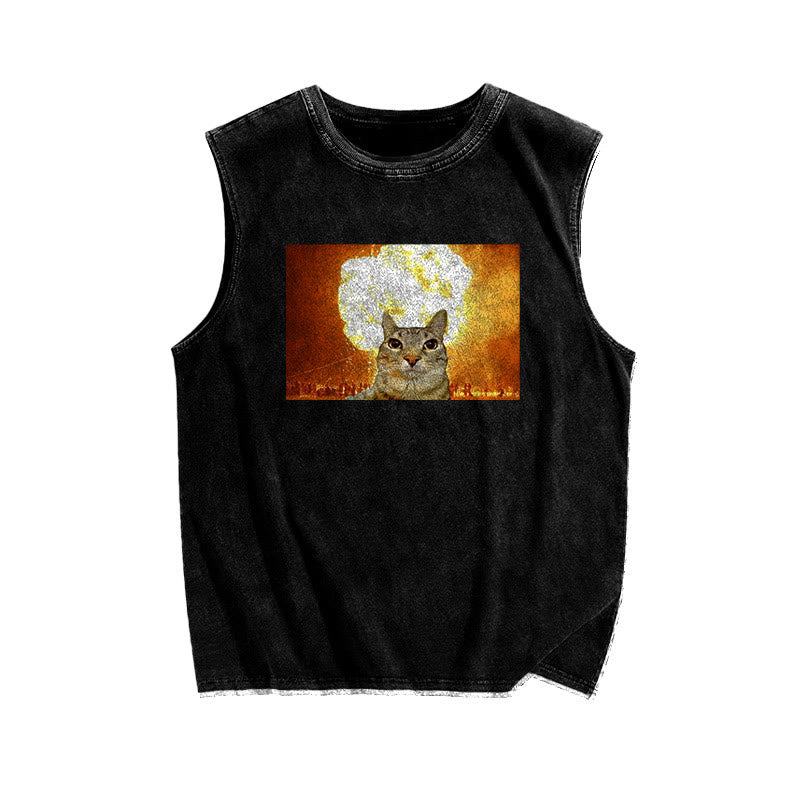 Unisex Funny Cat Print Washed Tank Top