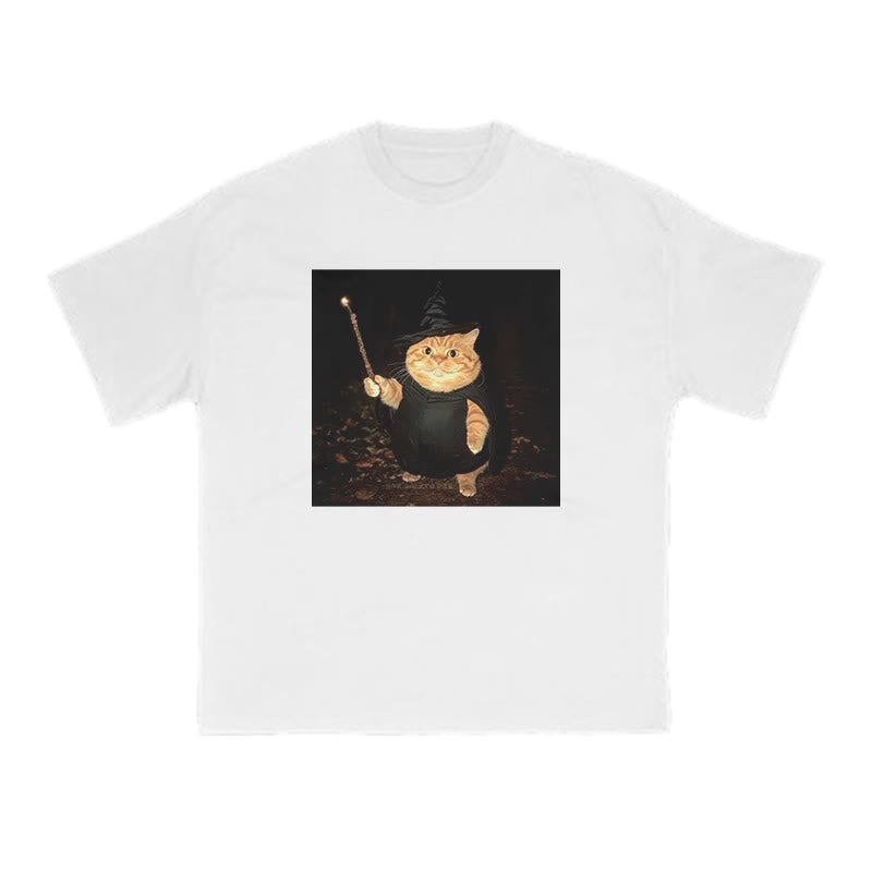 Unisex Spellcasting Wizard Cat Halloween Print T-shirt