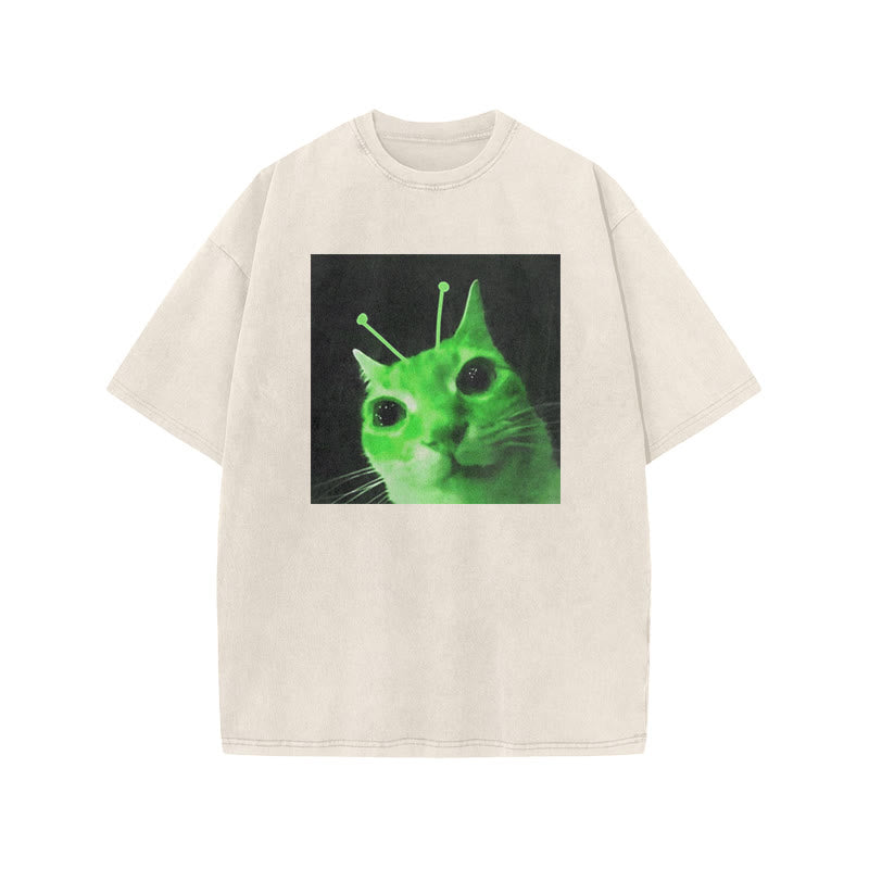 Unisex Alien Cat Halloween Print Acid Washed T-shirt