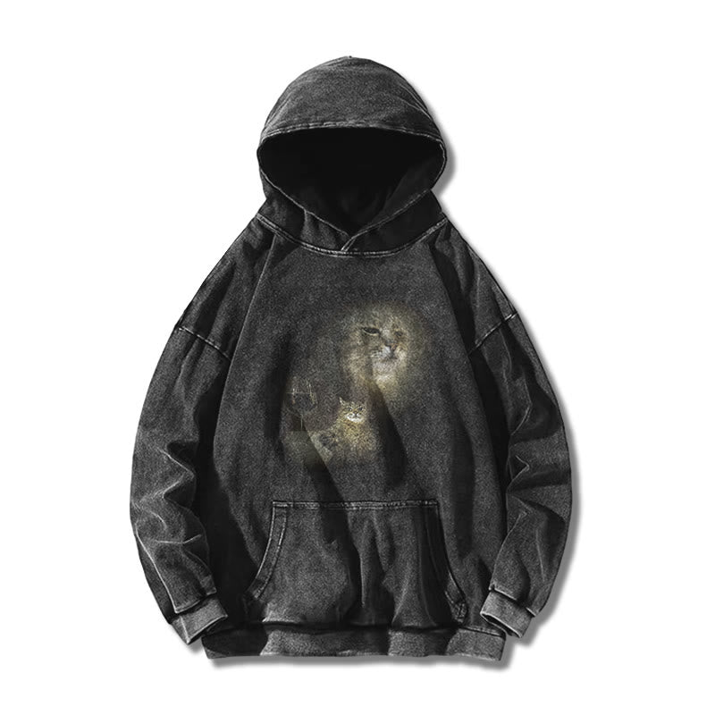 Unisex Cat And Wine Printed Washed Hoodie