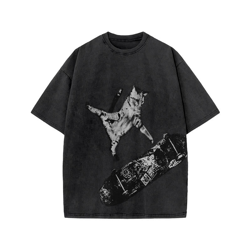 Unisex Street Skate Cat Print Acid Washed T-shirt