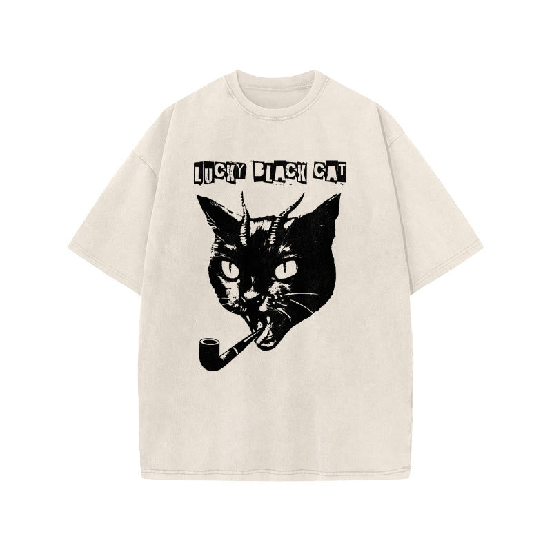 Unisex Lucky Black Cat Print Acid Washed T-shirt