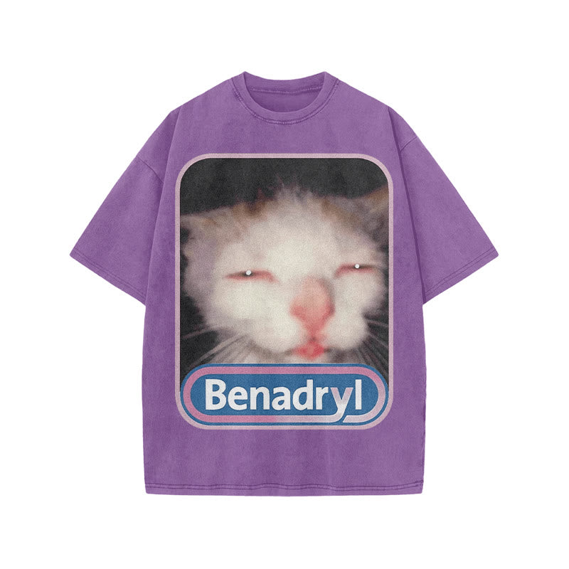 Unisex Benadryl Meme Cat Art Print Acid Washed T-shirt
