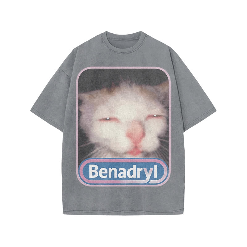 Unisex Benadryl Meme Cat Art Print Acid Washed T-shirt