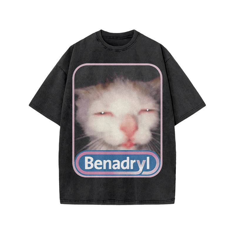 Unisex Benadryl Meme Cat Art Print Acid Washed T-shirt