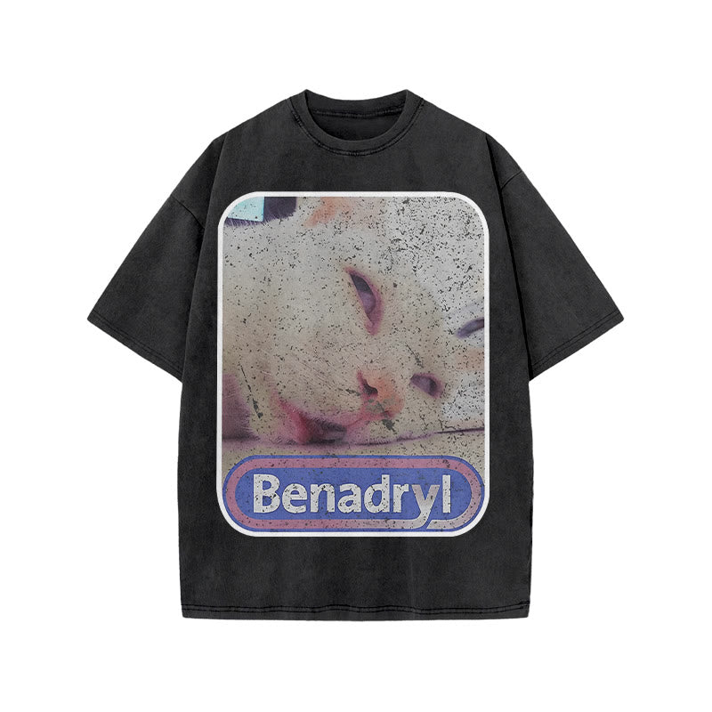 Unisex Benadryl Meme Cat Art Print Acid Washed T-shirt