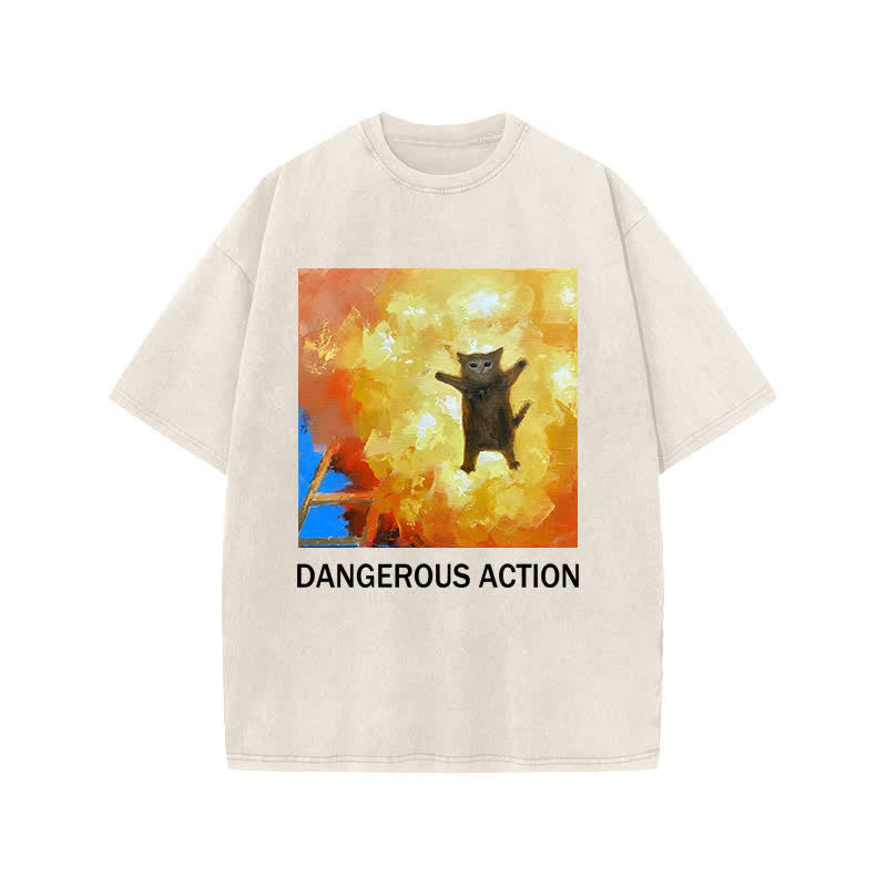 Unisex Dangerous Action Cat Art Print Acid Washed T-shirt