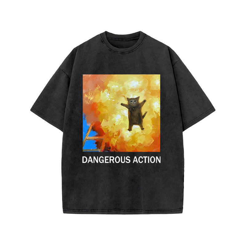 Unisex Dangerous Action Cat Art Print Acid Washed T-shirt