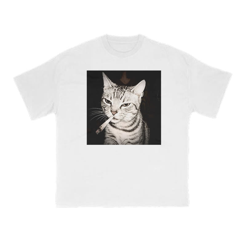 Unisex Smoking Tabby Cat Print T-shirt