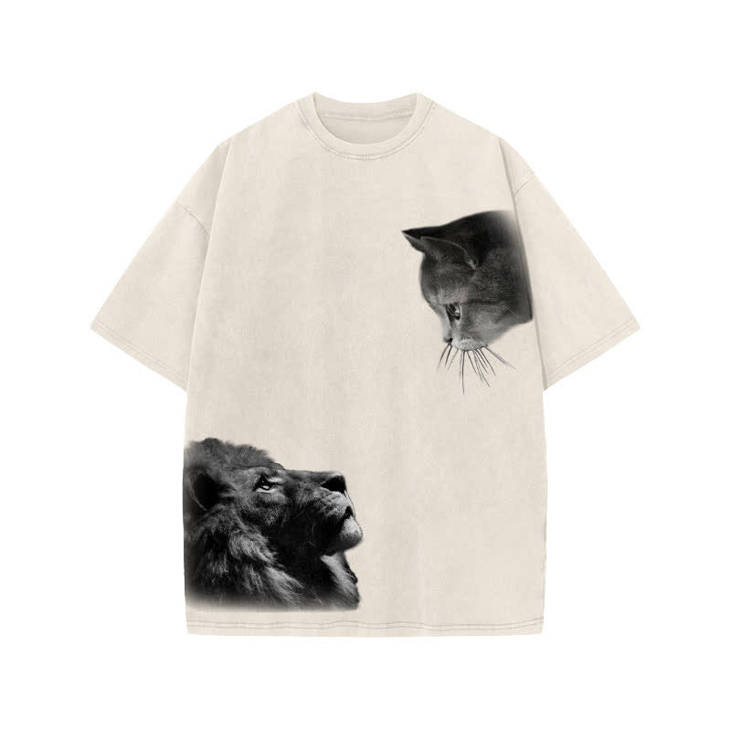 Unisex 100% Cotton Lion And Cat Print Acid Washed T-shirt