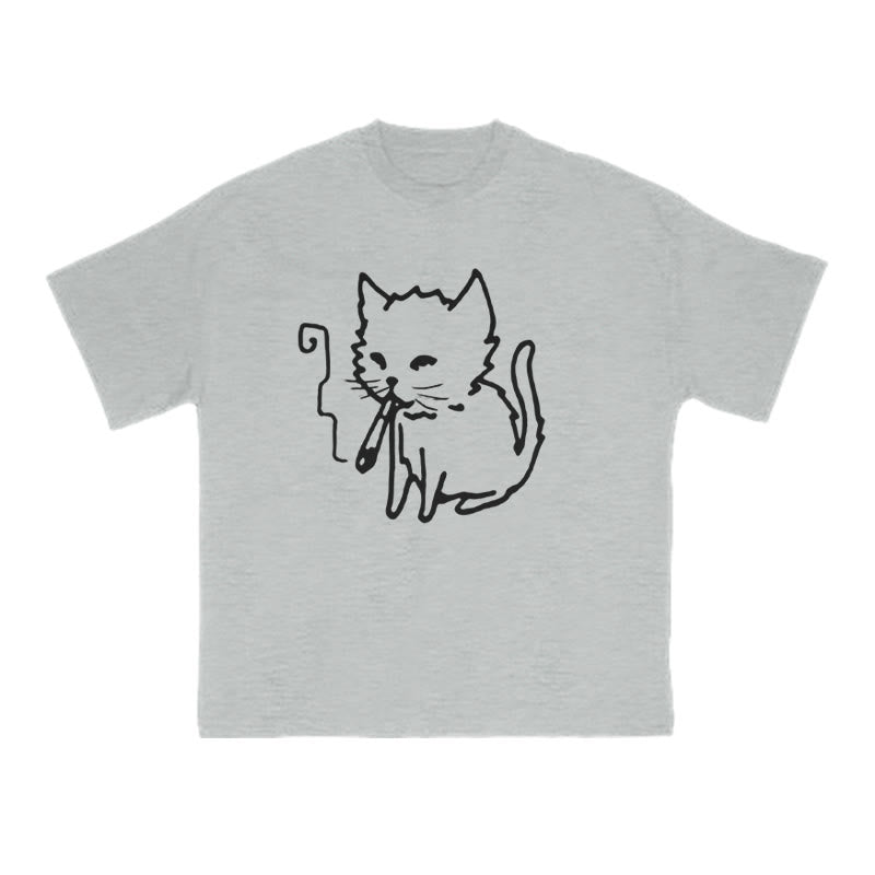 Unisex Smoking Cat Print T-shirt