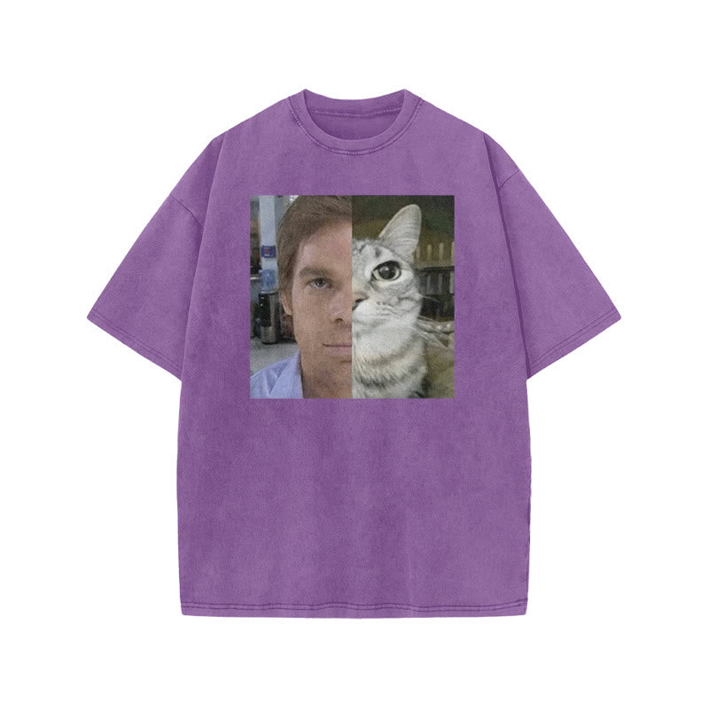 Unisex Patchwork Cat Print Acid Washed T-shirt