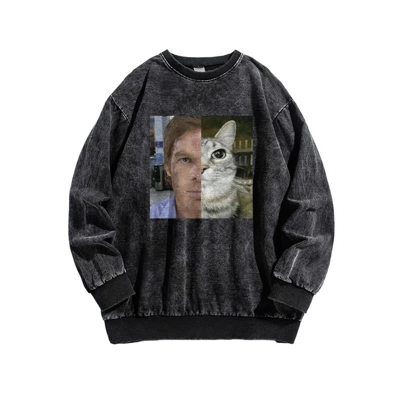 Unisex Patchwork Cat Print Acid Washed Sweatshirt