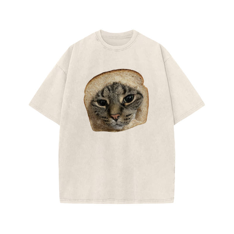 Unisex Toast Cat Print Acid Washed T-shirt