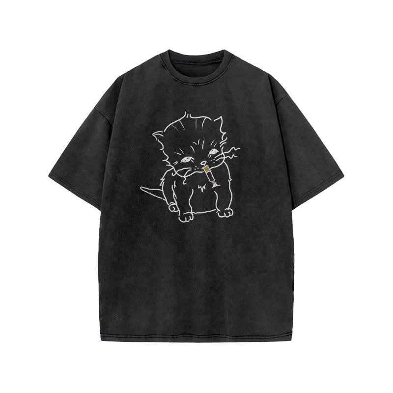 Unisex Smoking Cat Print Acid Washed T-shirt