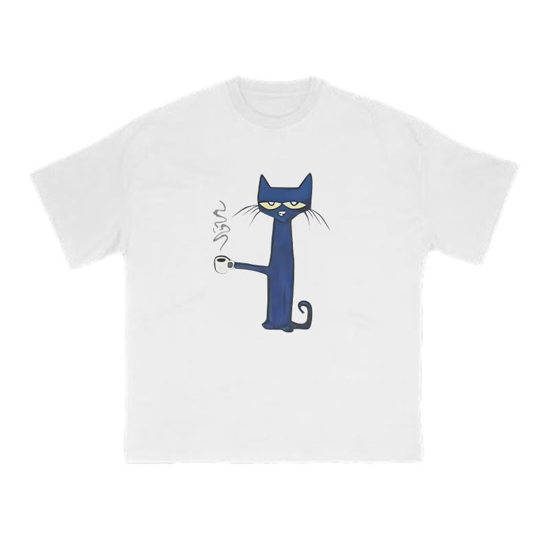 Unisex Cat Drinking Coffee Print T-shirt