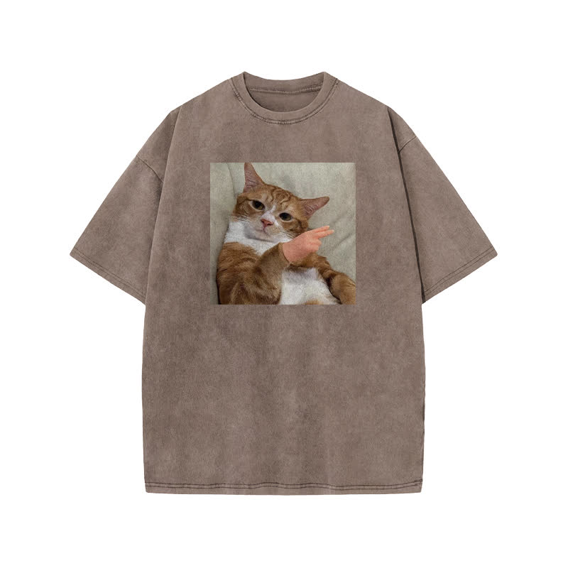Unisex  "Scissor Hand Gesture" Fun Cat Pattern Print Acid Washed T-shirt