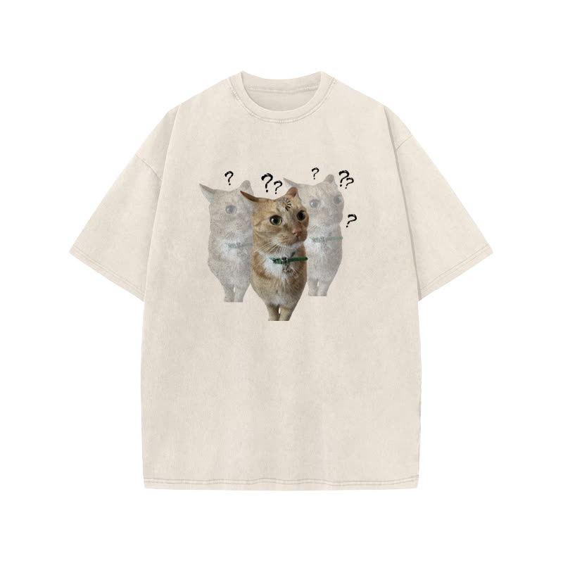 Unisex  "Brain Is Loading" Fun Cat Pattern Print Acid Washed T-shirt